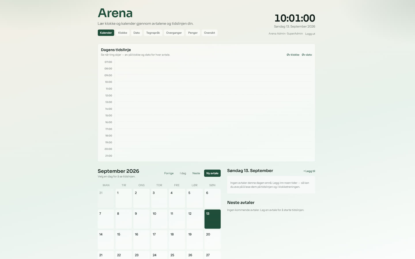 Skjermbilde av Arena — kalender, tidslinje og øving for klokke og dato